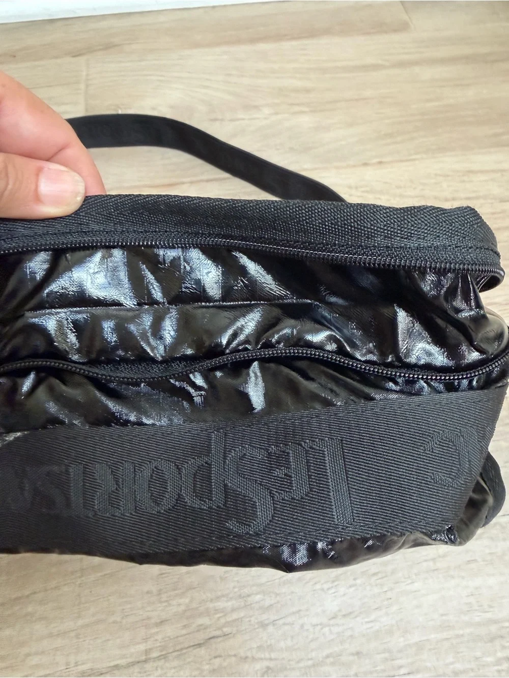 Lesportsac Black Gloss Nylon Messenger Bag with Adjustable Strap